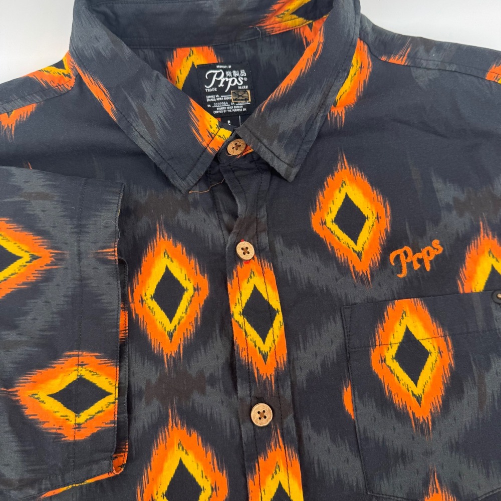 Prps Goods & Co Mens Large Short Sleeve Ikat Diamond Button Down Shirt Charcoal